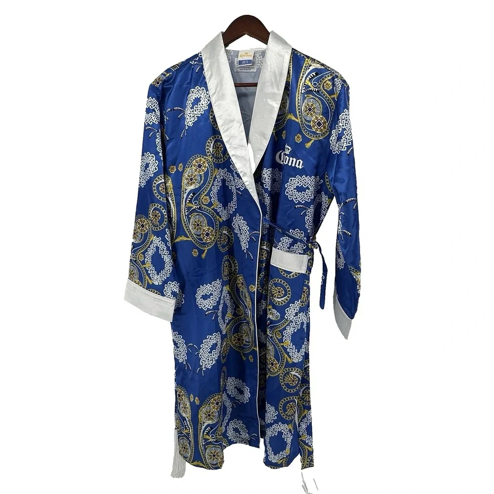 Corona Lounge Robe Mens M/L Blue And Gold Allover Paisley Print Satin